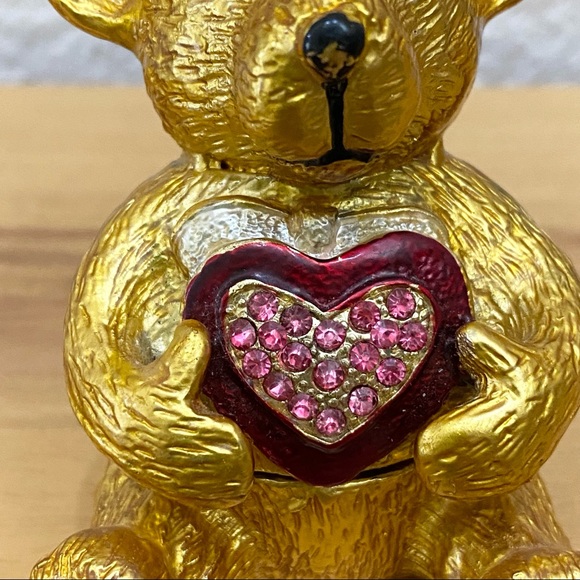 Objet d Art Form Work of Art Gold Bear Holding a Heart Rhinestone Enamel Trinket - Picture 6 of 12